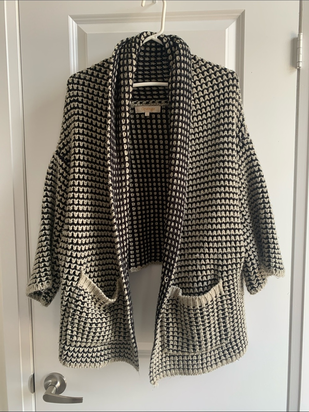 Black & Cream Open-Weave Oversized Shawl Collar Cardigan